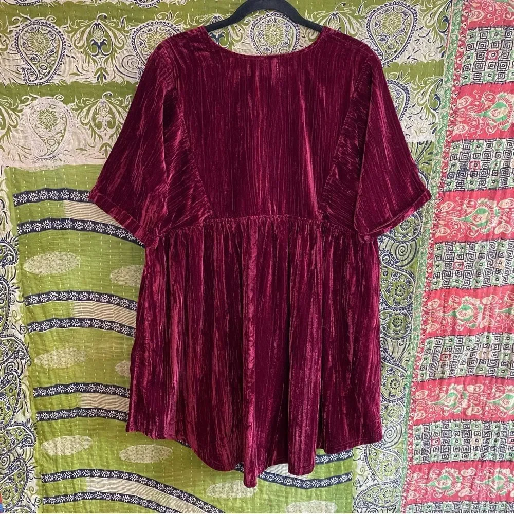 Natural Life Maroon Stella V-Neckline Crushed Velvet Boho Mini Dress Size Large - Picture 9 of 14